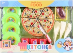 Essen – Pizza in Schachtel mit Geschirr, Kunststoff-Set für Kinder