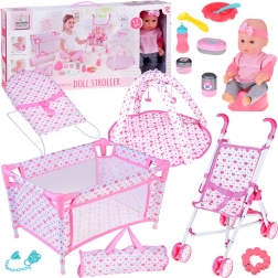 Deluxe-Set für Babypuppe – Kinderwagen, Reisebett und Spielmatte mit Zubehör (17 Teile)