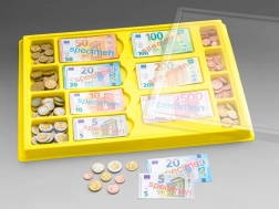Plastikkasse mit Euro-Banknoten und Münzen