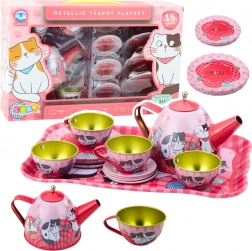 Metall-Teeservice für Kinder mit Katzenmotiv, rosa, 15 Stk.