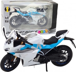 Metallsportmotorrad 1:12 mit Licht und Sound – weiß‑blau