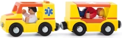 Krankenwagen mit Anhänger und Menschen