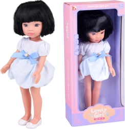Lovely Girl Puppe mit kurzen schwarzen Haaren im weiß-blauen Kleid 33 cm