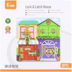 Montessori-Holzspielhaus mit Schlössern und Riegeln – Aktivitätstafel