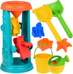Großes Set mit Sandspielzeug bestehend aus Eimer, Harke und Wasserrad