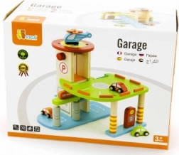 Holzgarage mit Autos und Hubschrauber