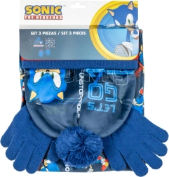 Kinder-Winterset SONIC – Mütze mit Bommel, Handschuhe und Schlauchschal
