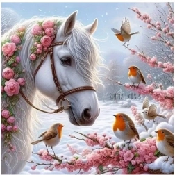 Diamantmosaik - Pferd im Winter mit Rotkehlchen