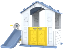 Kindergartenhäuschen mit blauem Dach, Rutsche und Basketball-Set