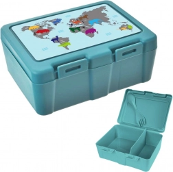Lunchbox mit Weltmotiv 1 l, 2 Fächer und 2-in-1-Besteck