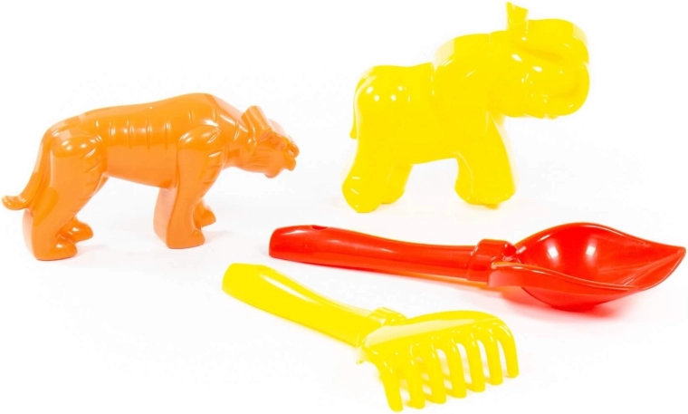 Sandspielset mit Schaufel, Rechen und Förmchen Tiger und Mammut