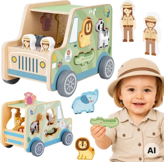 Holz-Safari-Auto mit Einleg-Tieren Tooky Toy