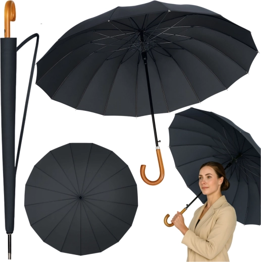 Großer automatischer Regenschirm mit Holzgriff, 24 Streben, 115 cm, schwarz