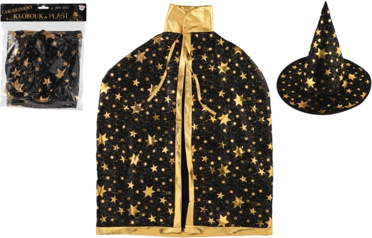 Kinder Hexenhut und Umhang schwarz‑gold, Durchmesser 38 cm
