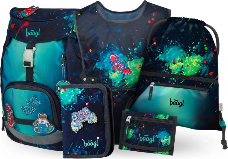 Baagl Set Airy Chill: Schulrucksack, Federmäppchen, Tasche, Schürze, Geldbörse