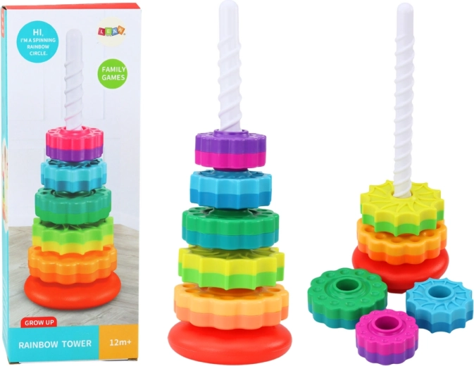 Pyramidenförmiger drehbarer Turm Regenbogen-Steckpuzzle 36 cm 6 Stk.