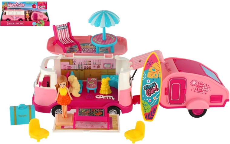 Retro-Wohnmobil mit Anhänger, Puppe und Zubehör