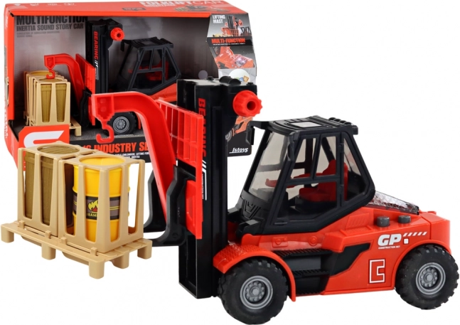 Roter Gabelstapler 1:16 mit beweglichen Gabeln, Geräusche und Lichter
