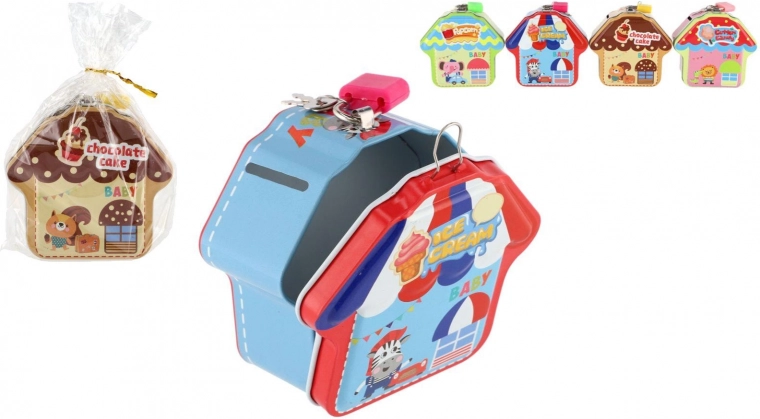 Spardose aus Blech in Hausform mit Schloss, 10 × 10 cm, mehrere Farben