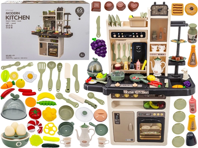 Multifunktionale Kinderküche mit Ofen, Kühlschrank und Spüle mit Dampf- und Soundeffekten, beige-grau