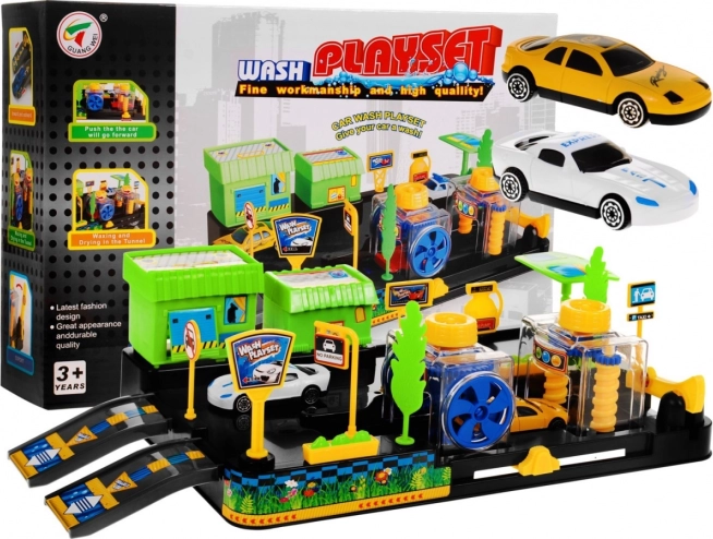 Kinder-Autowaschanlage 3+ mit Bausteinen, 2 Autos und beweglichen Elementen