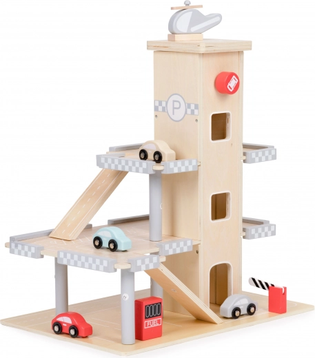 Holz-Parkhaus mit Etagen, Aufzug und Autos ECOTOYS