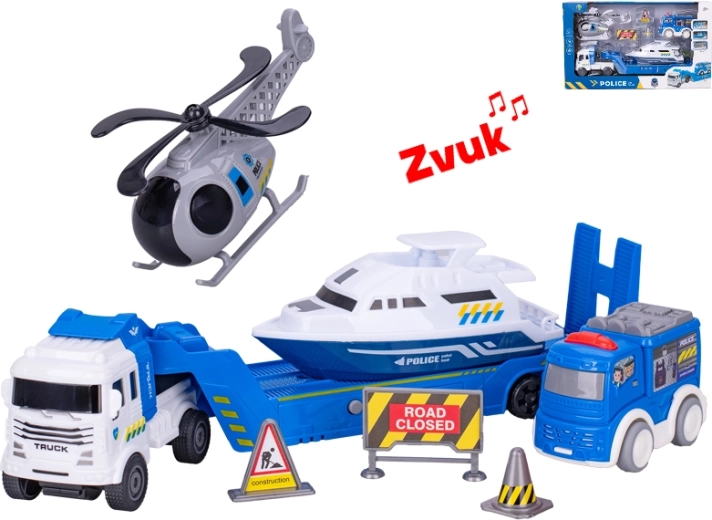 Lkw mit Polizeifahrzeugen mit Schwungrad und Soundeffekten 30 cm