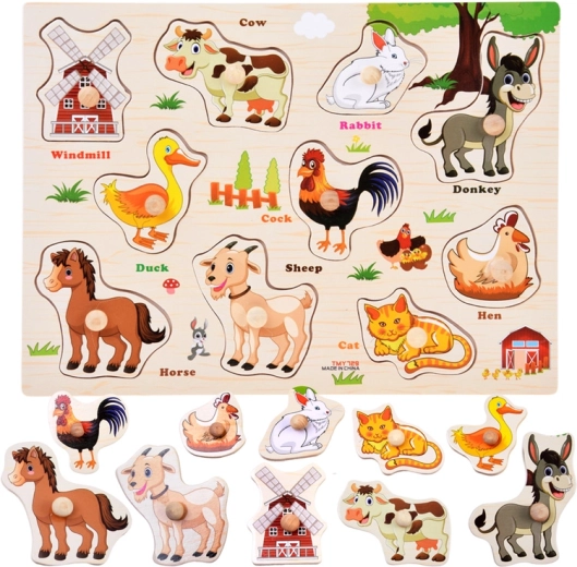 Holz-Puzzle „Bauernhof“ mit Griffen und englischen Vokabeln – 10 Teile