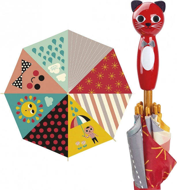 Bunter Kinderregenschirm mit katzenförmigem Griff