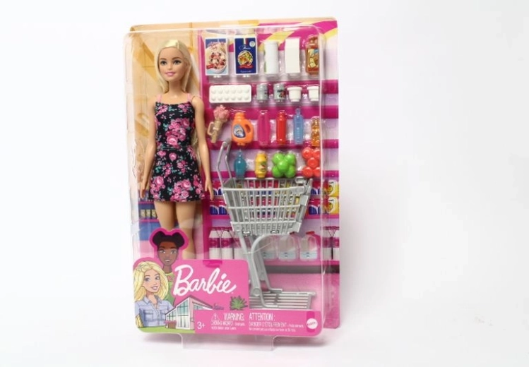 Barbie-Puppe beim Einkaufen mit Einkaufswagen und Zubehör