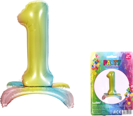 Aufblasbarer Folienballon in Form der Zahl 1, Regenbogen, 80 cm