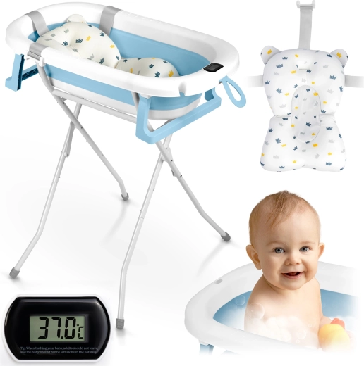 Faltbare Babybadewanne mit Ständer, Thermometer und Einlage – weiß-blau