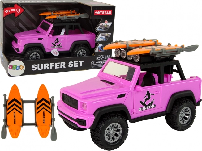rosa Geländewagen 1:14 mit Surf-Set und Schwungradantrieb