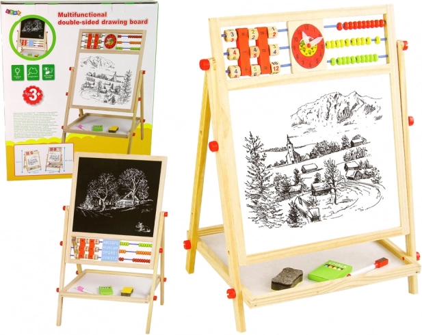 Doppelseitige Holztafel 2-in-1 mit Rechenrahmen, Kreiden und Marker