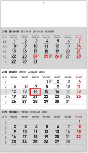 Wandkalender mit Dreimonatsübersicht mit slowakischen Namen 2026, grau