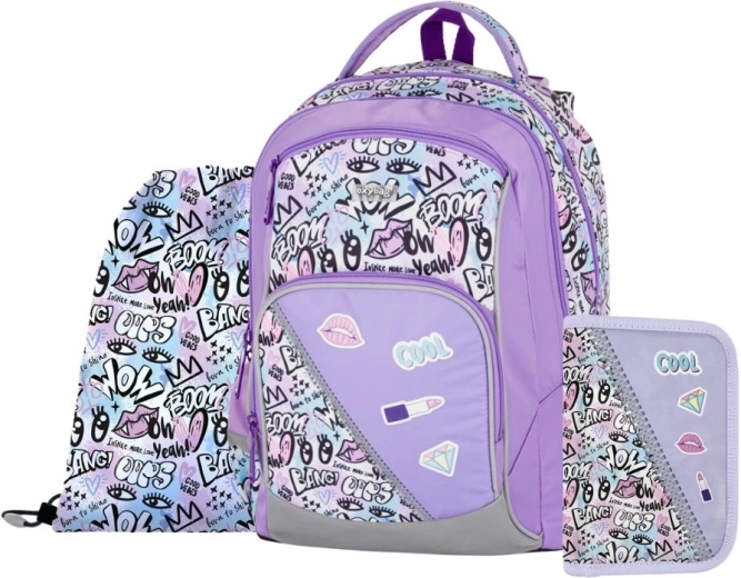 Schulset 3-tlg. OXY GO Funny Girl – Rucksack, Federmäppchen und Beutel für Hausschuhe