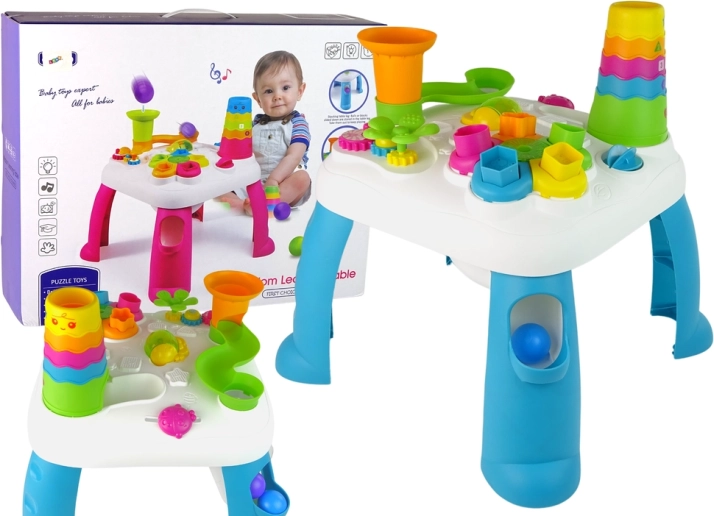 Interaktiver Lernspieltisch mit Kugelbahn und Formensortierer – blau