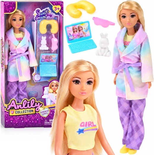 Anlily-Puppe für Übernachtungen im Pyjama und Bademantel mit Plüschhäschen