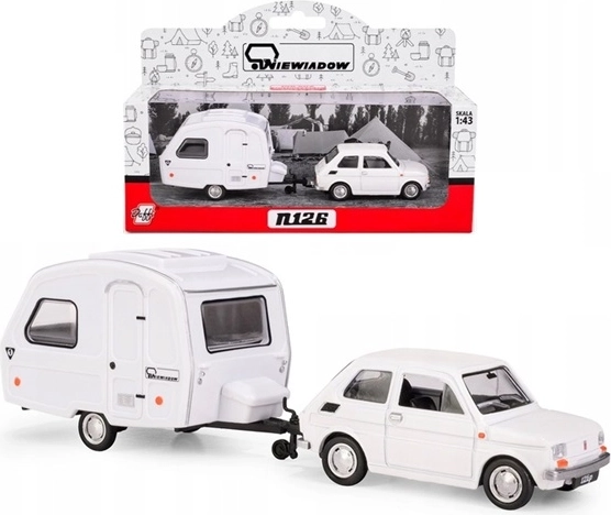 Fiat 126p mit Wohnwagen Niewiadów N126, weiß, Modell 1:43