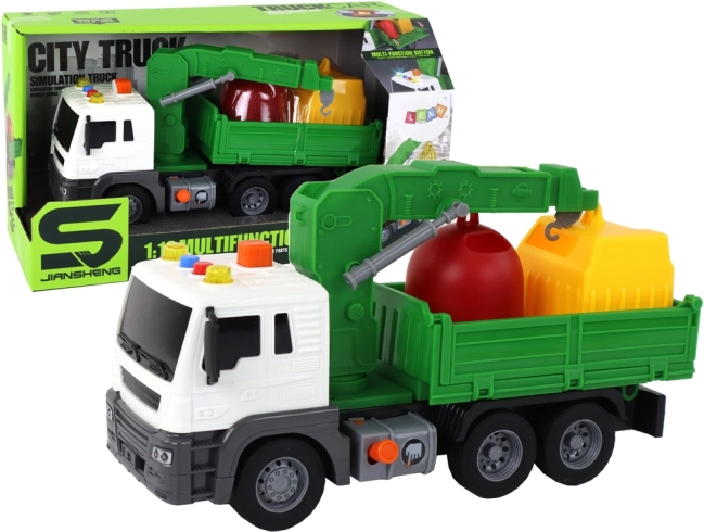Müllwagen mit Kran, Reibungsantrieb, Geräusche, grün 1:16