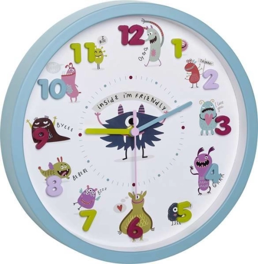 Kinder-Wanduhr TFA Little Monsters, türkis, 3D-Ziffern