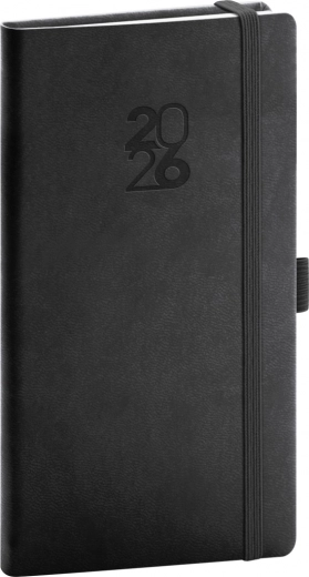 Stilvoller schwarzer Taschenkalender mit Gummiband und Stifthalter Aprint 2026