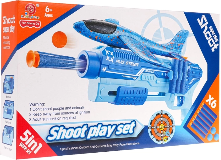 Schieß-Set 5-in-1 mit Flugzeugwerfer – blau