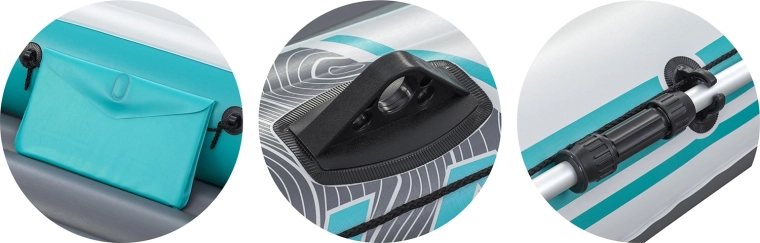 Komplett ausgestattet: Paddel, Pumpe und Stauraum