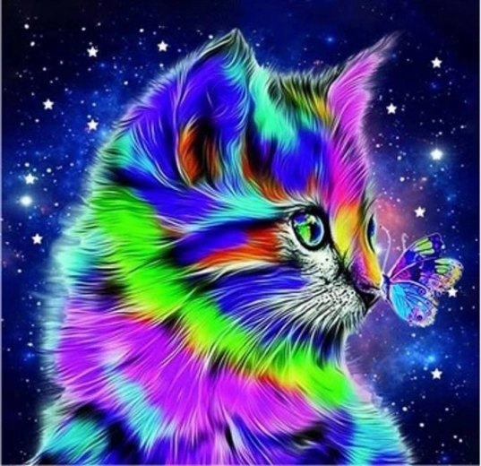 Diamant-Mosaik - Katze mit Schmetterling in der Nacht