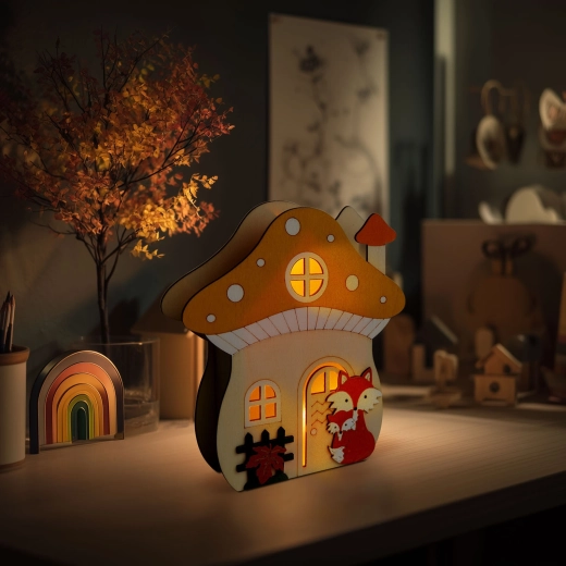 Leuchtende Holzdekoration Pilzhaus mit Fuchs