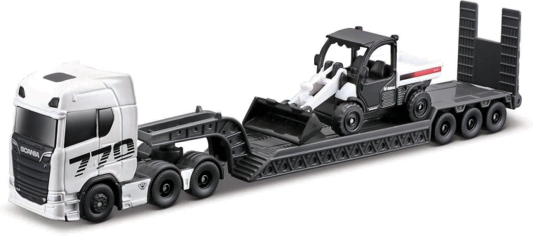 Maisto Mini-Arbeitsmaschinen-Set mit großem Scania 770S Zugfahrzeug, Toolcat 5600 und Schaufel
