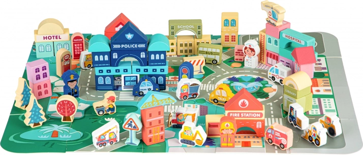 Holzlern-Stadt mit Spielmatte 121 Teile Ecotoys