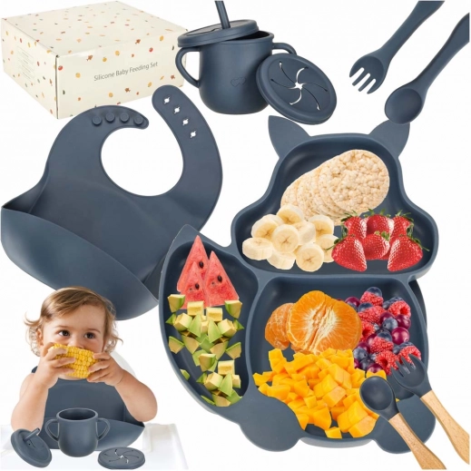 Silikon-Geschirrset für Kinder mit Eichhörnchenmotiv, 9-teilig, dunkelblau