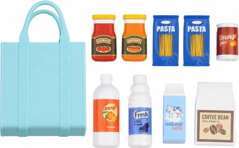 Mini-Lebensmittel und Einkaufstasche für das Einkaufsspiel